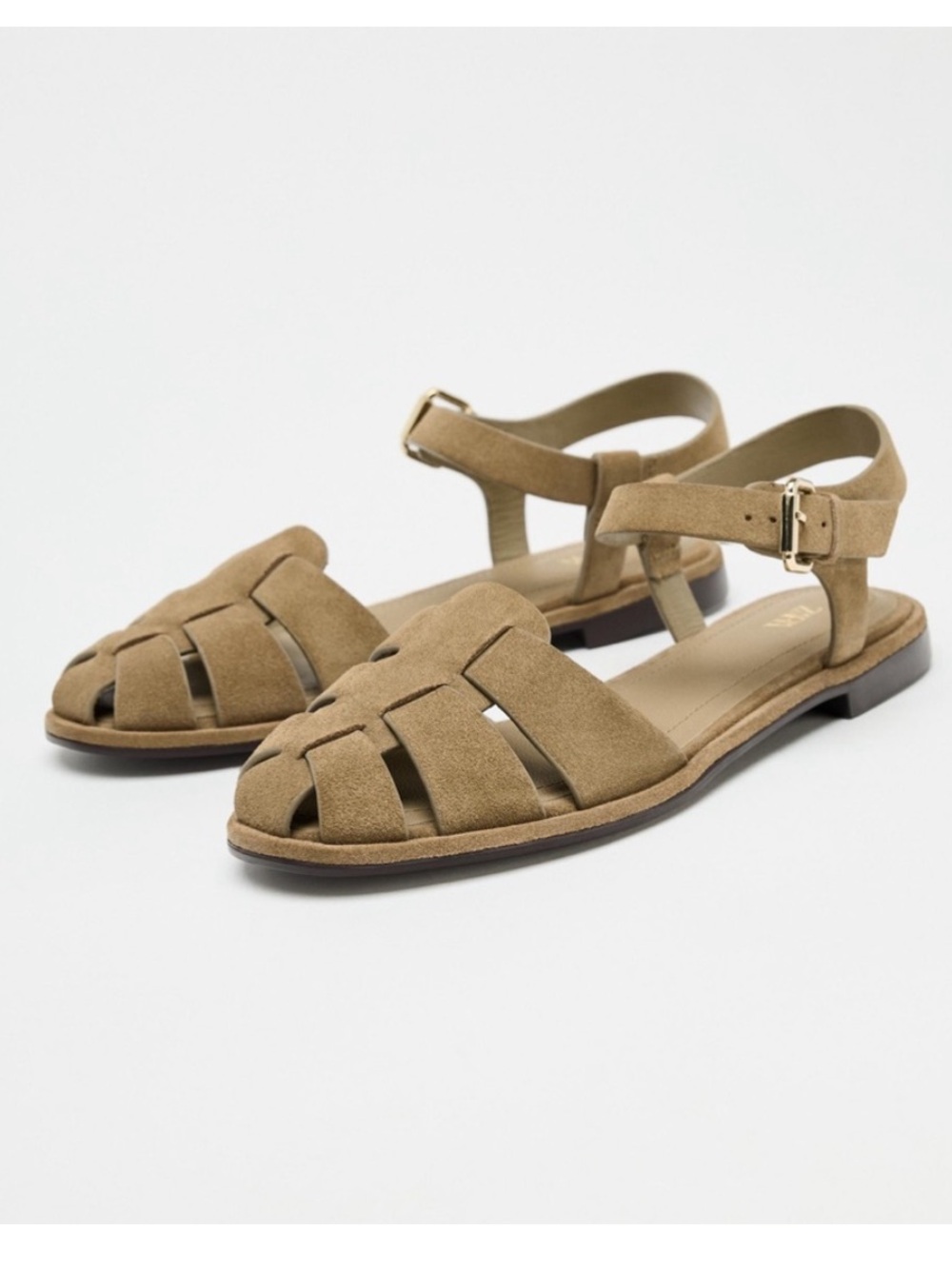 NWT ZARA Tan Split Suede Cage Sandal Fisherman Ankle-Strap Sandals Size 9.5
